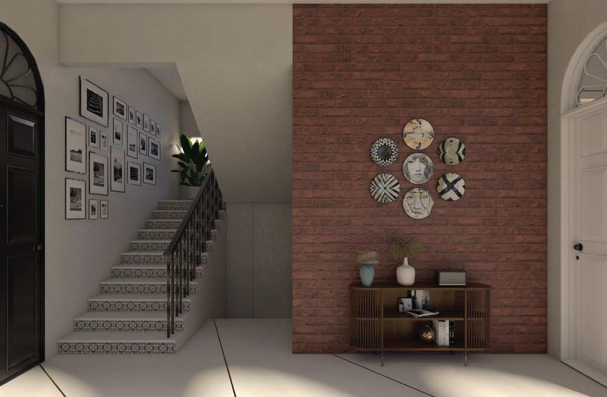 Villa entryway with tiled staircase